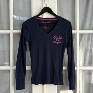2000s Aeropostale Long Sleeve V-Neck Ribbed Branded T-Shirt